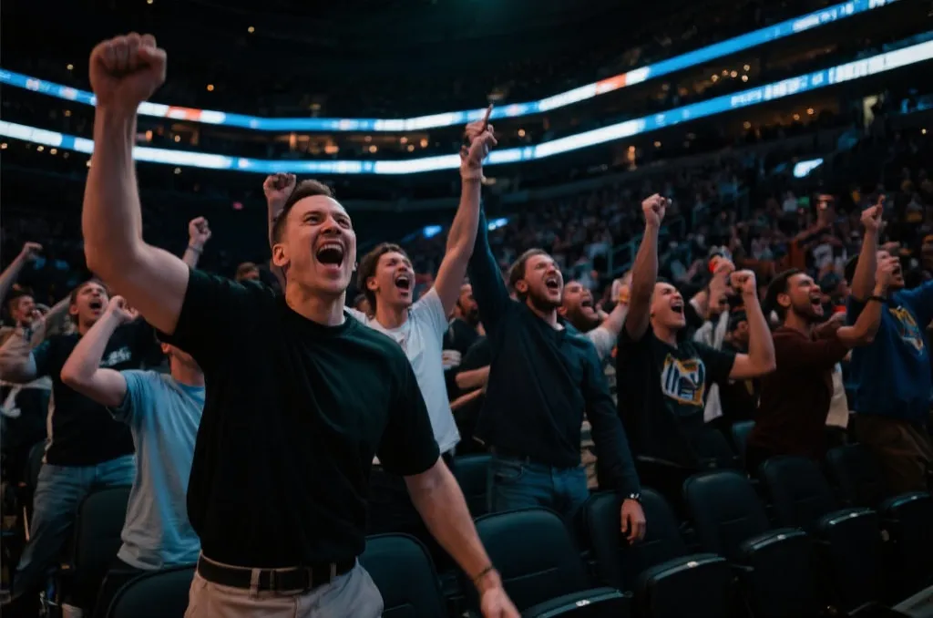 Enthusiastic sports fans cheering and celebrating in the stands of a packed basketball arena, cinematic lighting