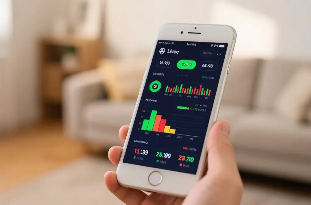 A clean modern smartphone screen displaying live football match statistics with colorful charts and graphs