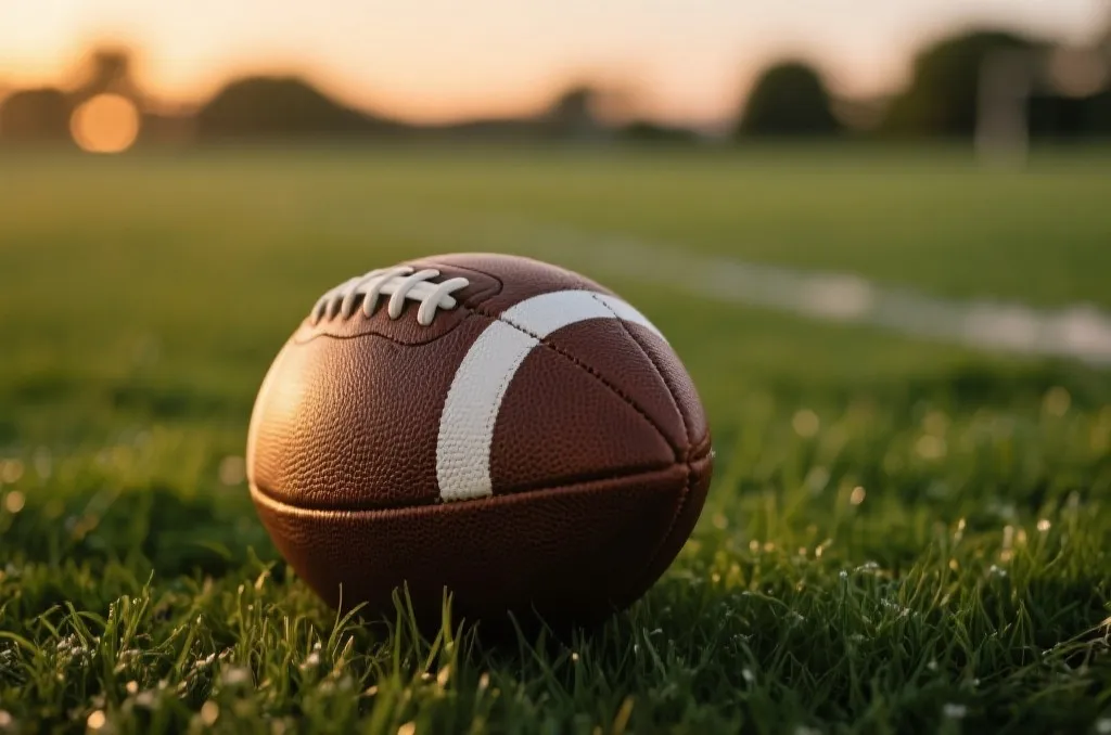 A close-up of a classic leather football resting on a lush green grass field under soft sunset lighting