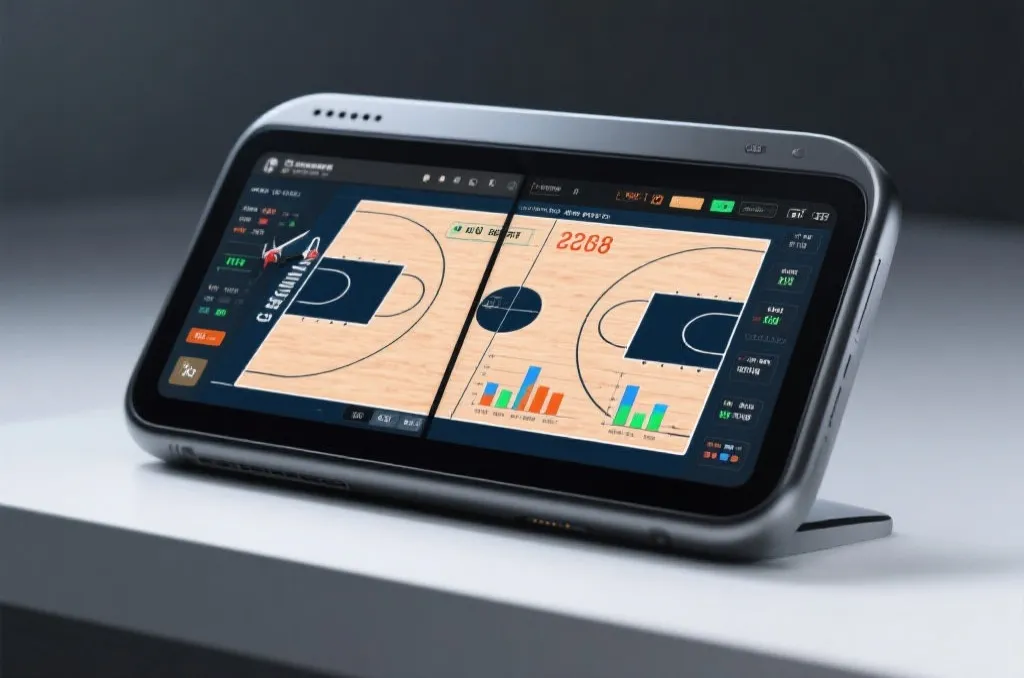 A high-tech digital device displaying a split-screen basketball court interface with live statistical charts, clean design